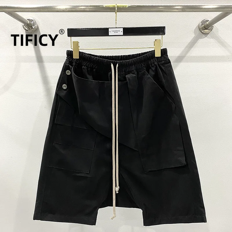 

TIFICY High Steet Cotton Summer Classic Diagonal Haren Cropped Shorts Men's British Dark Hanging Casual Loose Shorts Men Pants