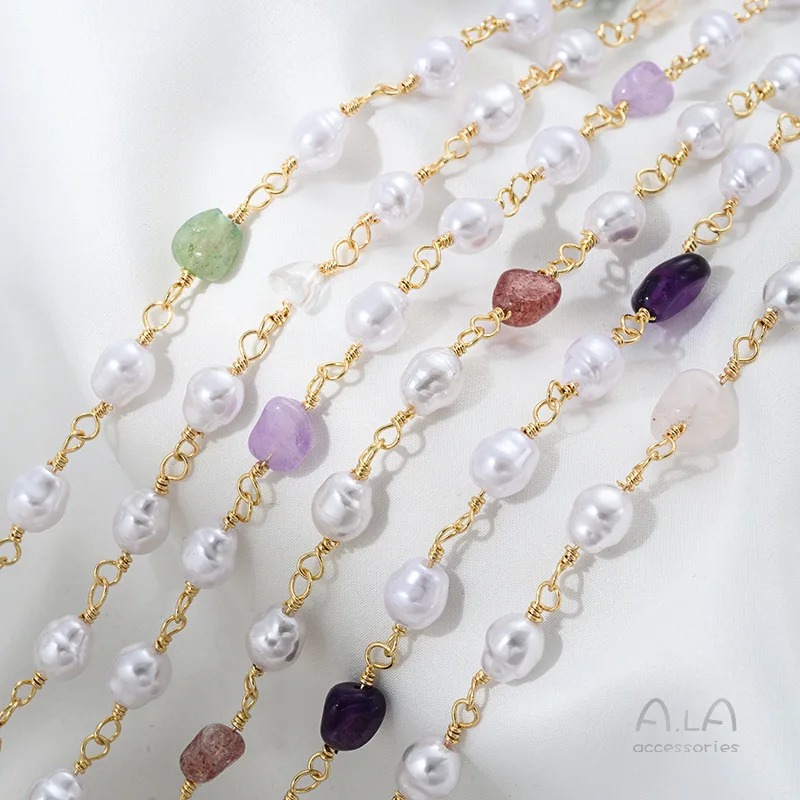 14K Gold Natural Special-shaped Amethyst Strawberry Crystal Imitation Pearl Chain DIY Bracelet Jewelry Handmade Loose Chain