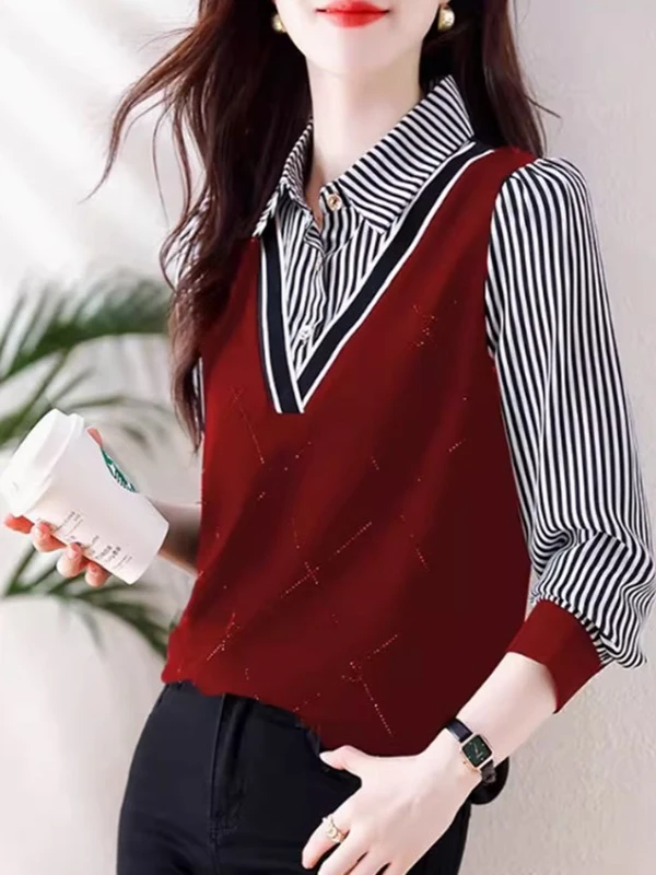 

Высококачественный полосатый лоскутный топ Long Sve, женский топ irt, весна 2021, корейский топ с воротником, свободный крой, на пуговицах...