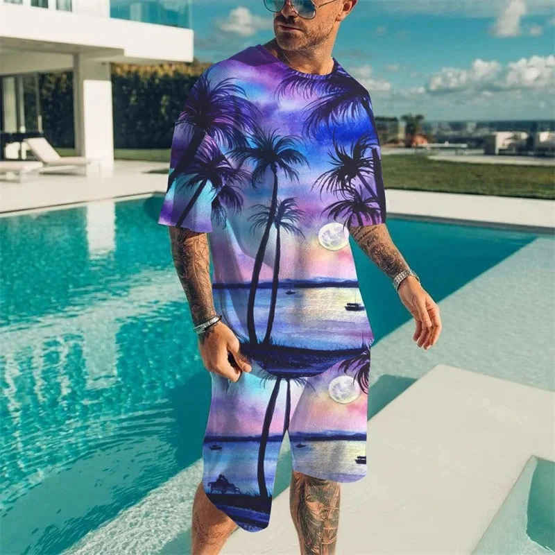 2024 New Summer Men\'s T Shirts+Shorts 2PCS Outfits Casual Holiday Style Shorts Sets 3D Print Male Clothes O-Neck Sportwear Suits