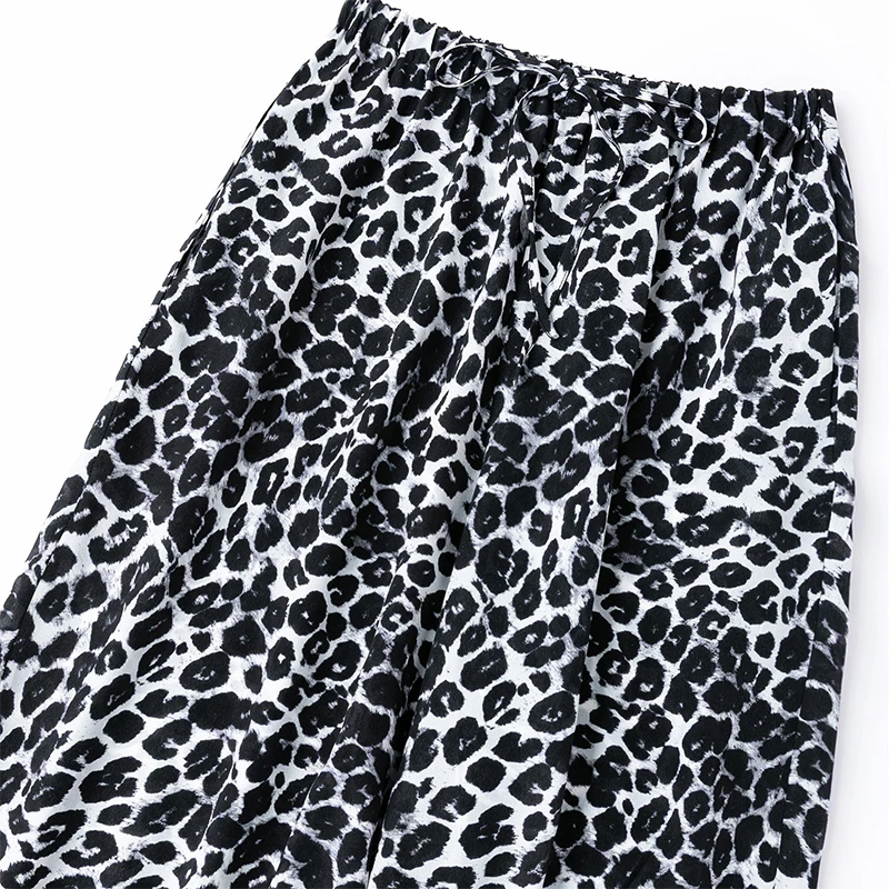 Women Silk Pants 100% Mulberry Silk Black Leopards Printed Straight-leg Trousers Elastic Waist M1702