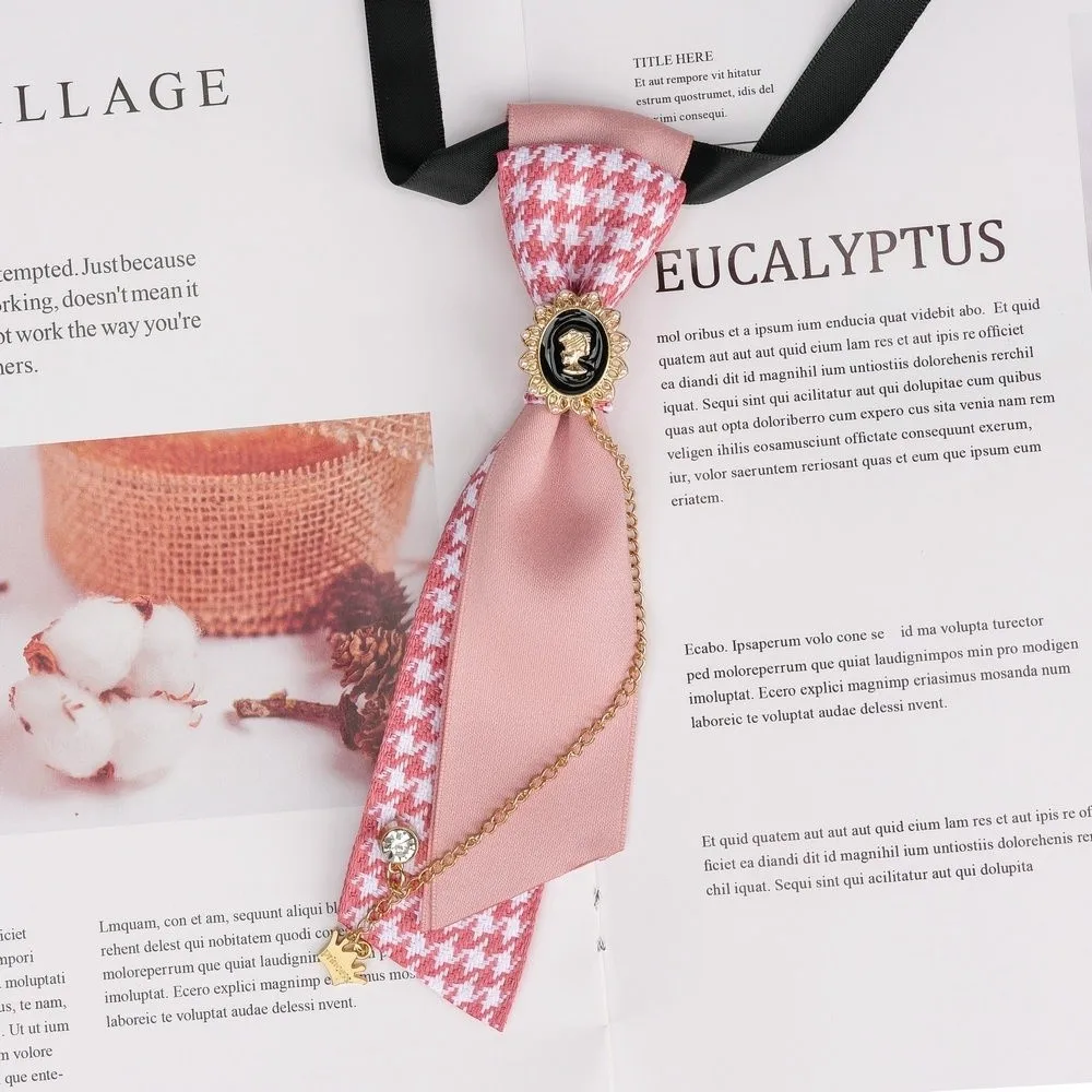 Y2K Preppy Necktie Oval Rhinestone Chain Plaid Bow Tie Adjustable Strap Multiple Colors Decorative Neck Tie