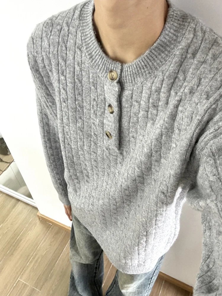 

American Retro ey Twisted Knitwear Loose Casual ex Sweater Winter Warm Long Sve Button Sle Vintage Faion