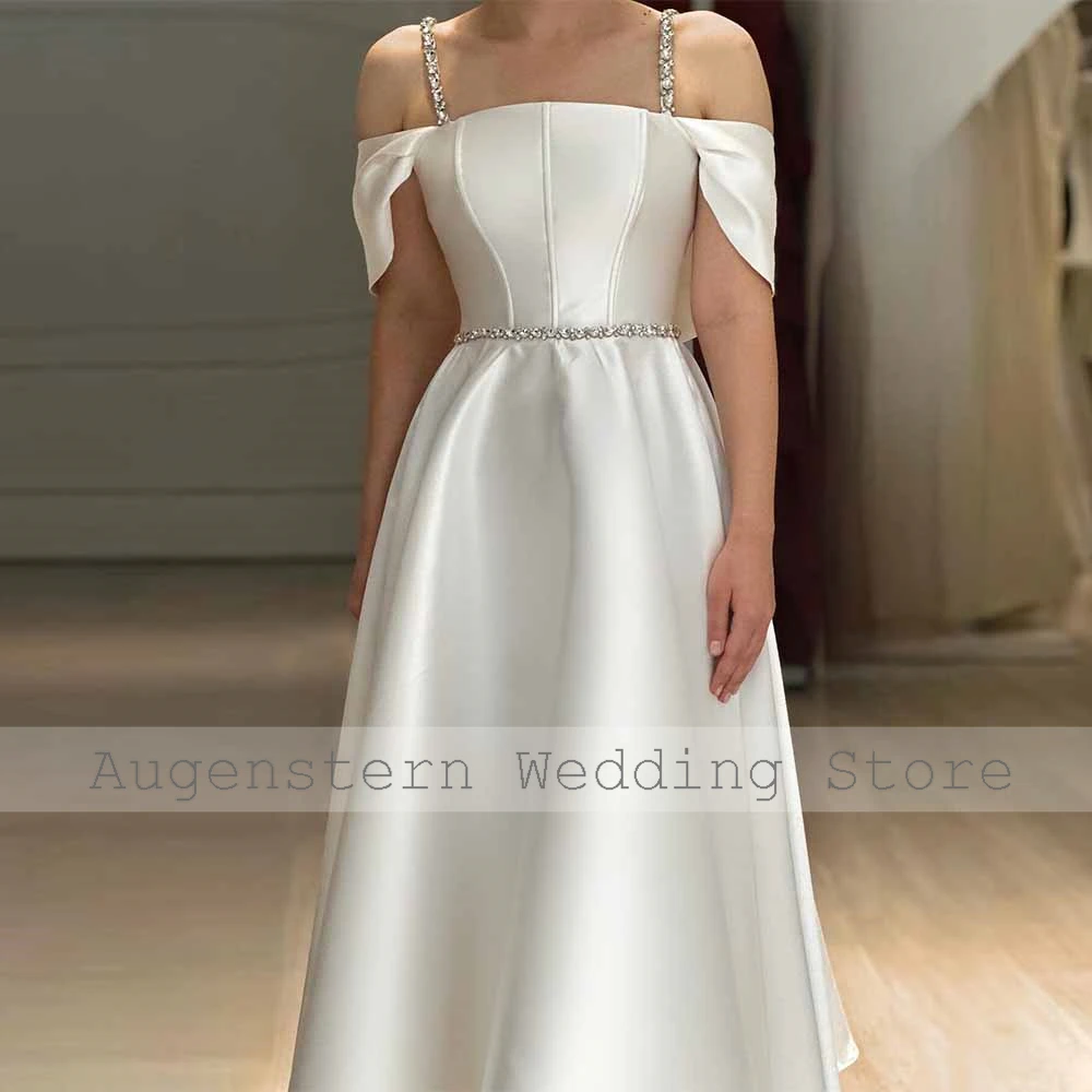 Romantic Midi Wedding Dresses Satin A-line Wedding Party Dress White Off-the-shoulder Rhinestone/Crystals Ruched Bridal Gown