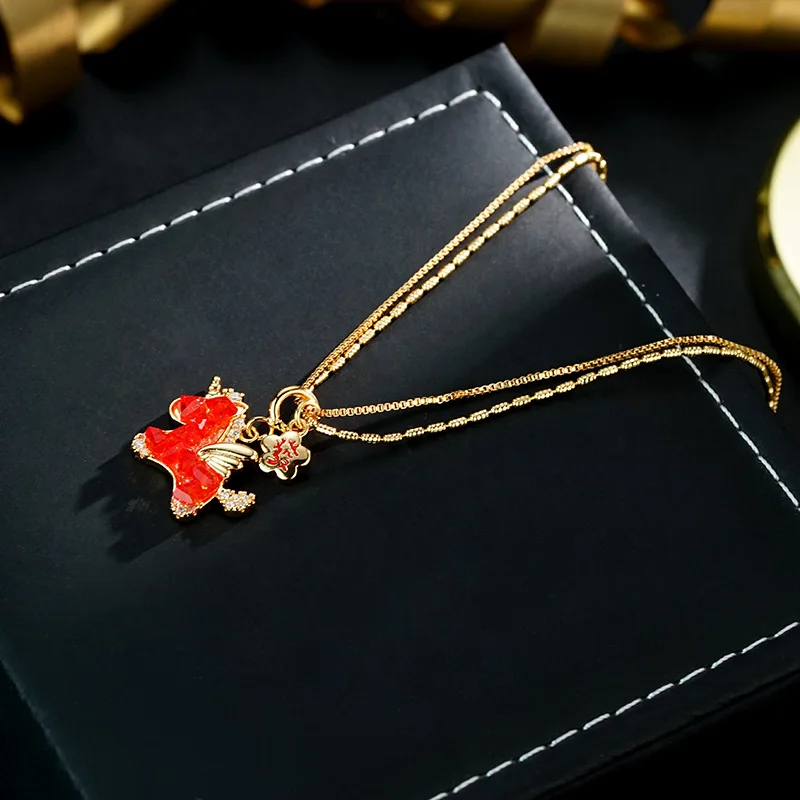 New New Year red unicorn small fortune pendant, necklace, earring set, fashionable personality daily stud wholesale