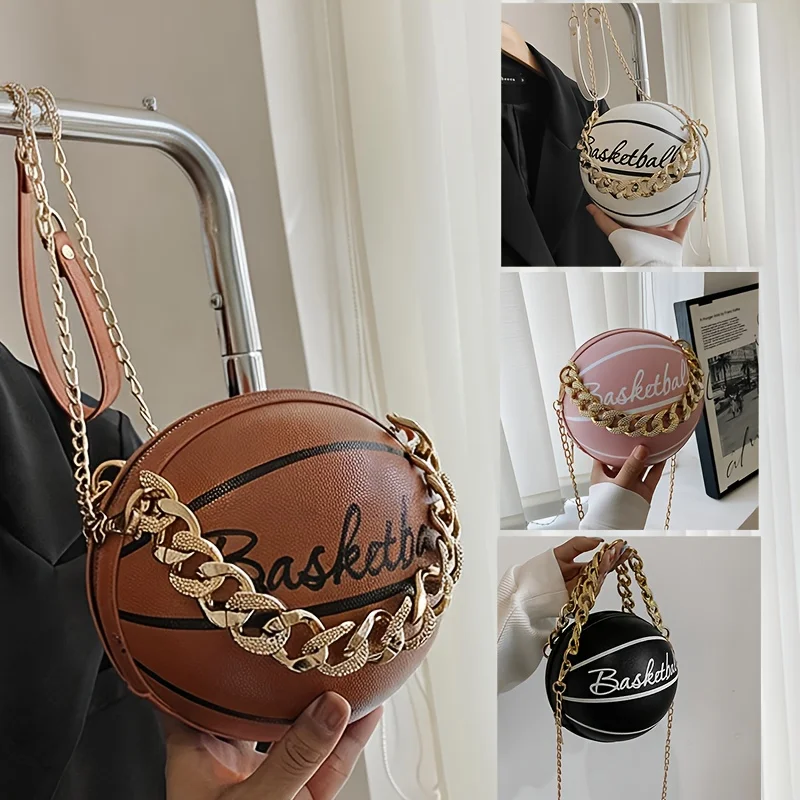 1pcs PU Basketball Shaped Handbag with Chain Handle Crossbody Shoulder Bag