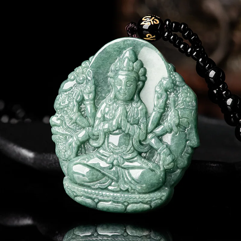 Natural Burma Thousand handed Guanyin Beans Jade Pendant Chinese Zodiac Rat Guardian Goddess Buddha Charms For Men Women Jewelry