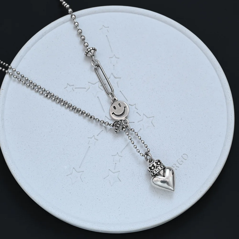 Hip Hop Retro Heart Crown Necklace for Women Luxury Minimalist Cold Style Personality Happy Face Clavicle Chain Fashion Statemen