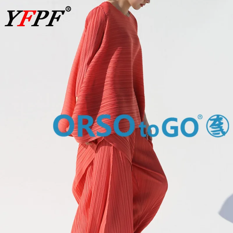 

YFPF Miyake Pleated Design Women's T-shirt Y2K Fashion Loose Long Sleeve Asymmetric Solid Color Tops Casual 2025 New Clothing