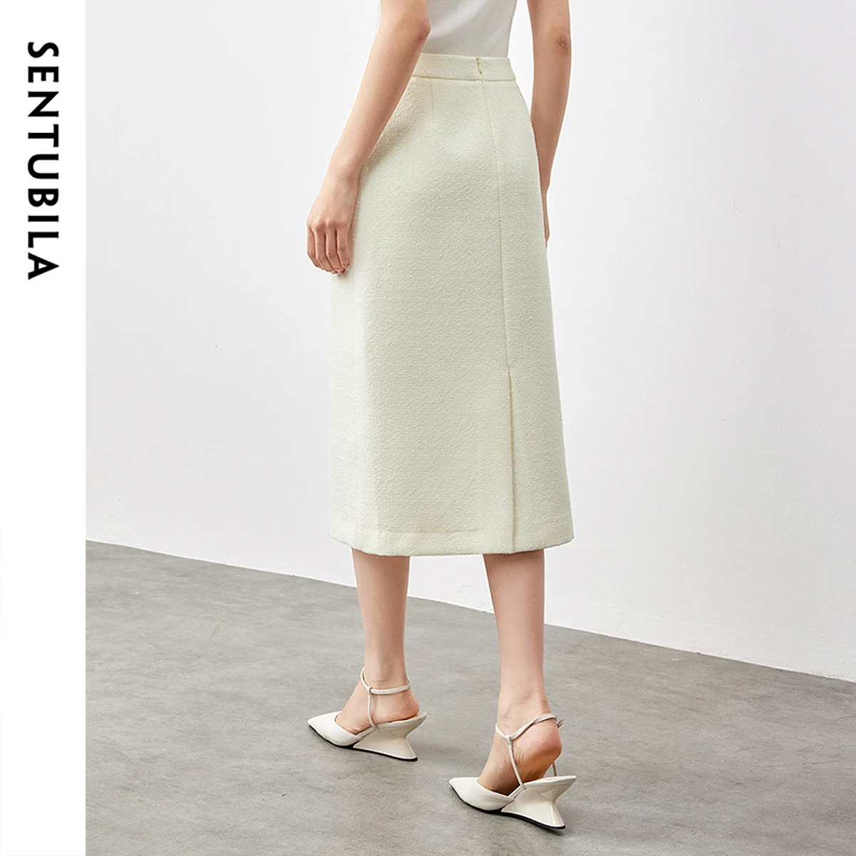 SENTUBILA Straight Skirts for Women Spring 2025 Solid Office Lady Elegant High-waist Slit-hem Simple Long Skirt 151Q58785