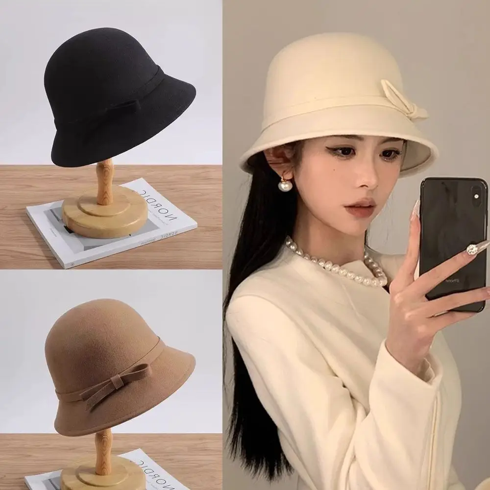 Woolen Women Fedoras Casual Thickened Elegant Bucket Hat Lady Cap Dinner Party