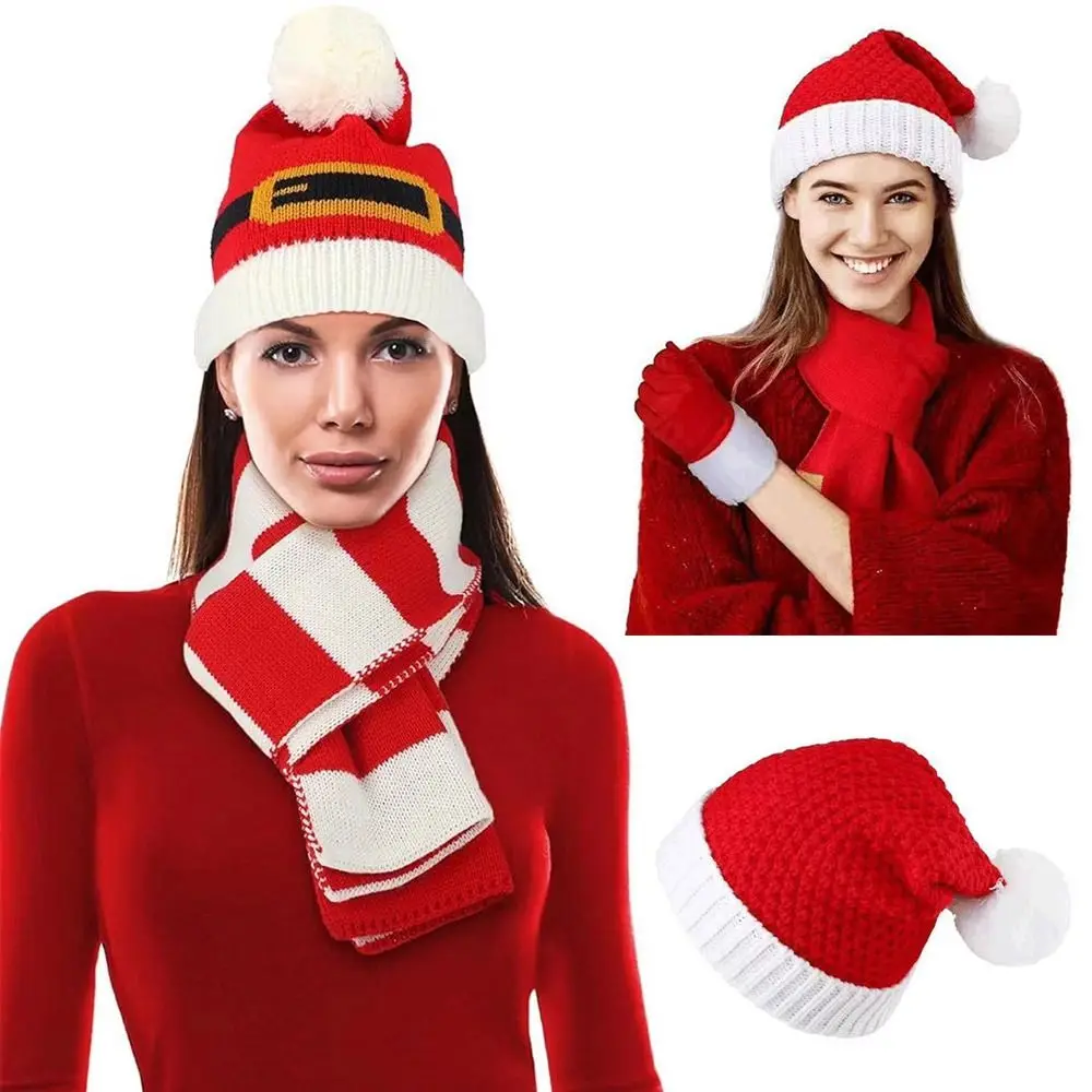 Luvas de malha à prova de vento para homens e mulheres, gorro, chapéu, cachecol, proteção de ouvido quente, Santa Cap, exterior, inverno, 2 pcs, 3pcs set