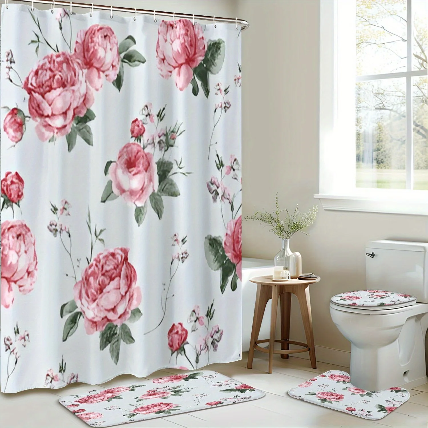 

4 шт. Винтажный цветочный узор, можно стирать в машине, полиэфирная ткань, занавеска для душа, коврик для унитаза, нескользящий коврик, U-образный коврик