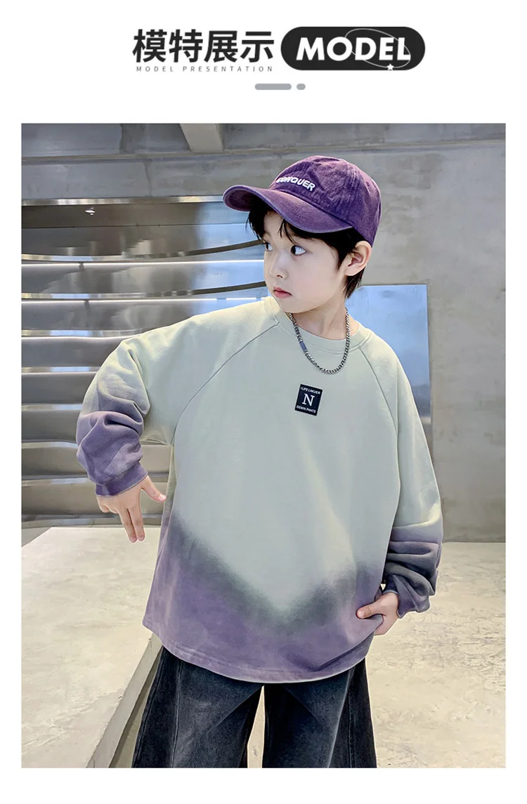 Neues koreanisches Sweatshirt für Jungen, Teenager, Herbst, Kinderbekleidung, Baumwoll-Oberteil, Farbverlauf-Sweatshirt, bedruckt, Schulkinderkleidung – Detail 2