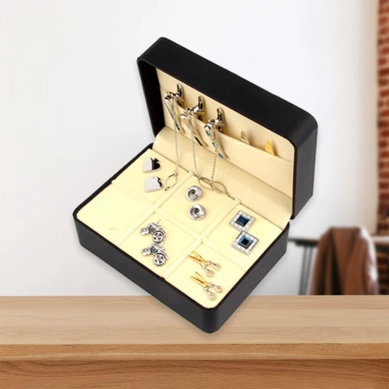 Fast Reach Black PU 6 Pairs Capacity Cufflink Holder Brooch Pins Storage Box Scratch Resistant Jewelry for Travel Use