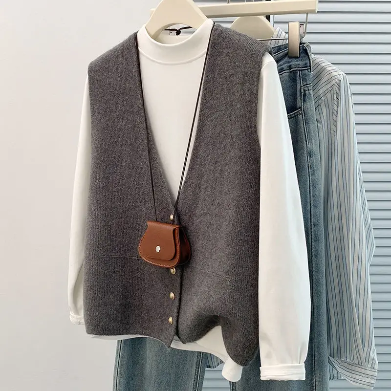 

Women's Soft Knitted Vest Women Casual Button Deep V-neck Sleeveless Fall Cardigan Stylish Simple Tops Loose Knitwear Coats