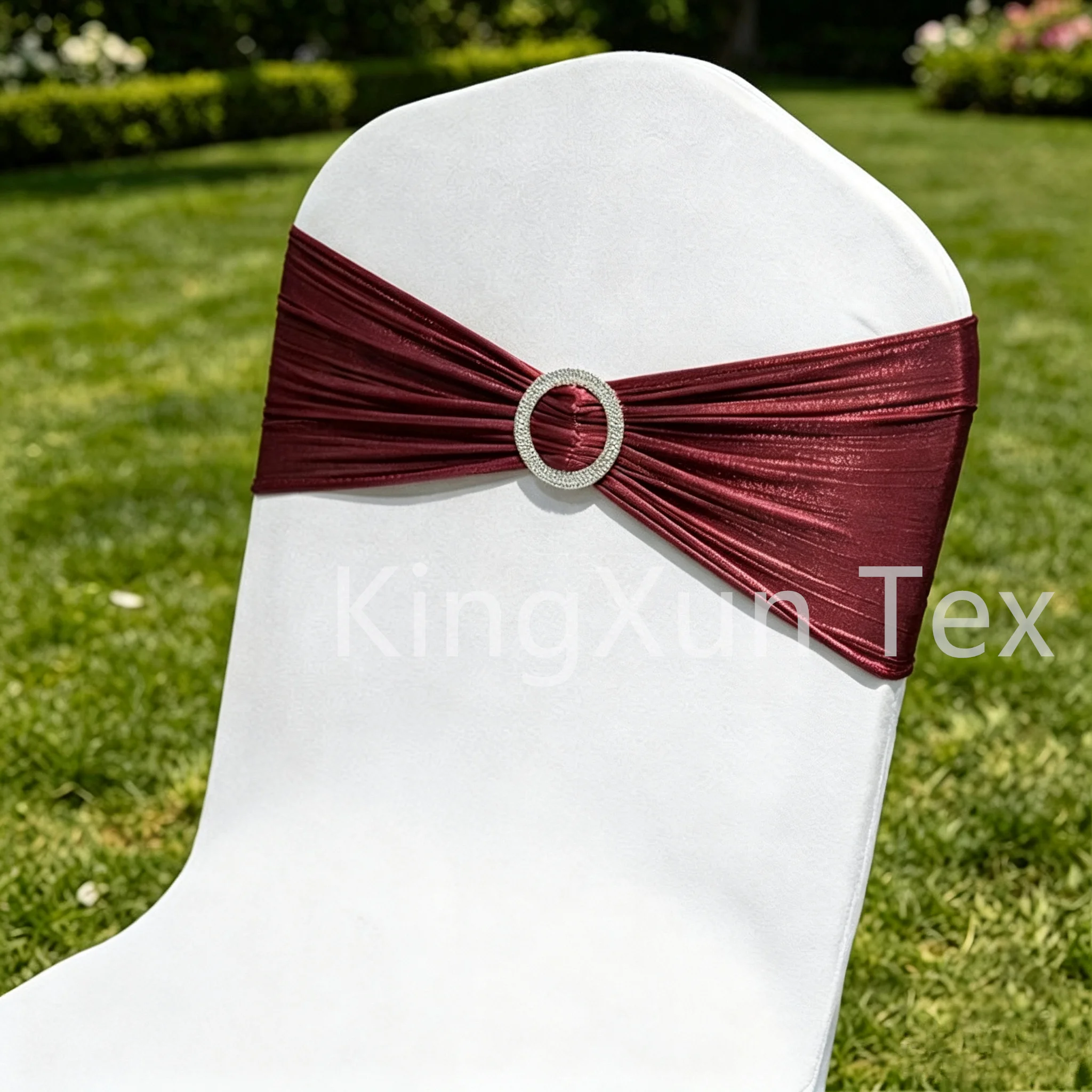 Ribbed Elastic Gold Foil Chair Sash with Rhinestone Ring Buckle for Wedding Chair Back Party Event Hotel Decoration