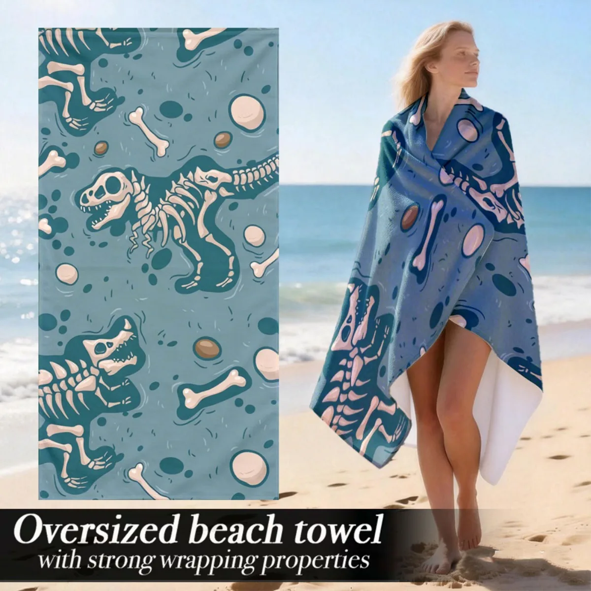 Dinosaur Skeleton Beach Towel Patterned Sunscreen And Windproof Suitable For Swimming Pool Camping Travel Blanket