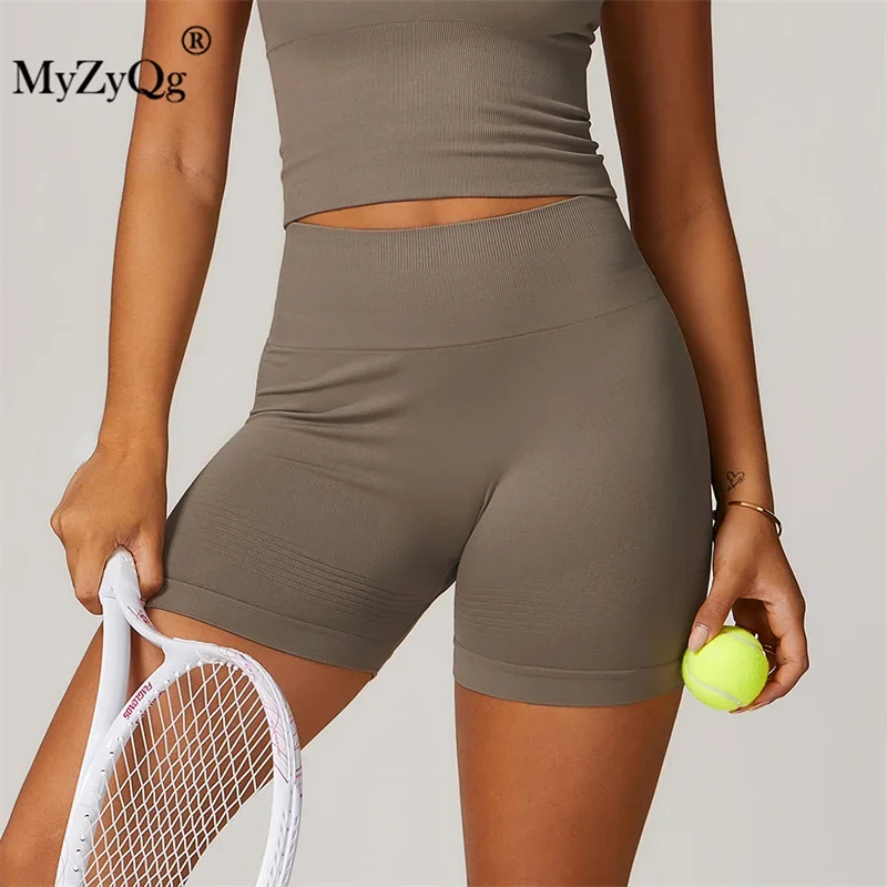 MyZyQg-Short de yoga sans couture taille haute pour femme, legging de fitness serré, pantalon de survêtement de course à l'extérieur, levage de la hanche, tuck fileté