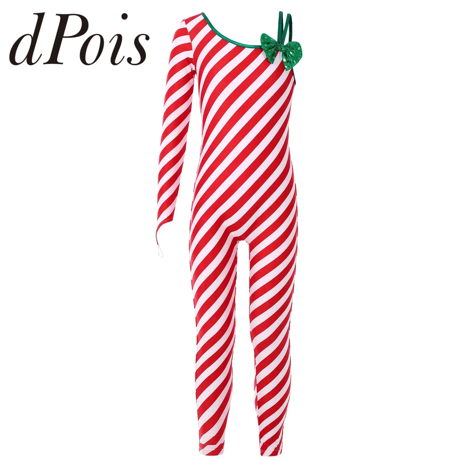 

Kids Girls Xmas Candy Cane Jumpsuit Unitard One Shoulder Ballet Dancing Leotard Shiny Bowknot Striped Cosplay Christmas Bodysuit