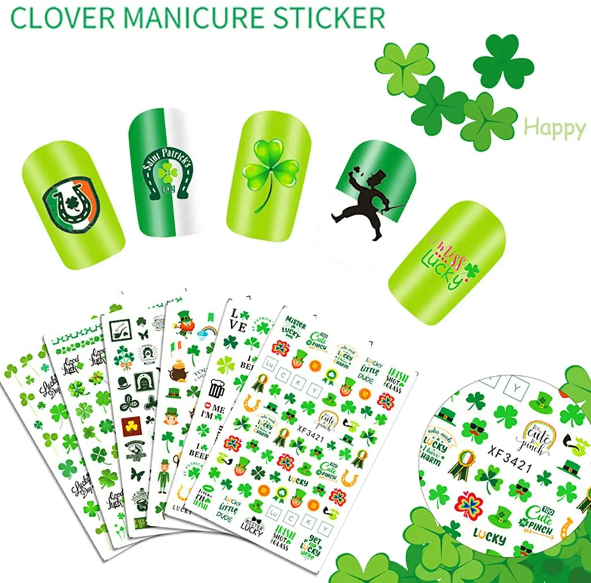 10 Sheets St Patrick’s Day Nail Art Stickers 3D Shamrock Nail Polish Decals Green Clover Irish Nail Stickers St Patricks Day