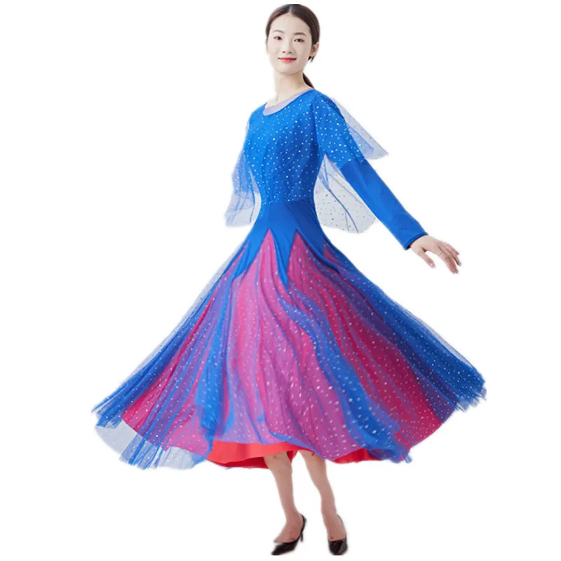 Modern Blue Dance Dress Social Dance Performance Dress Long Sleeve Big Swing Dress Dance Dress New Practice Dress