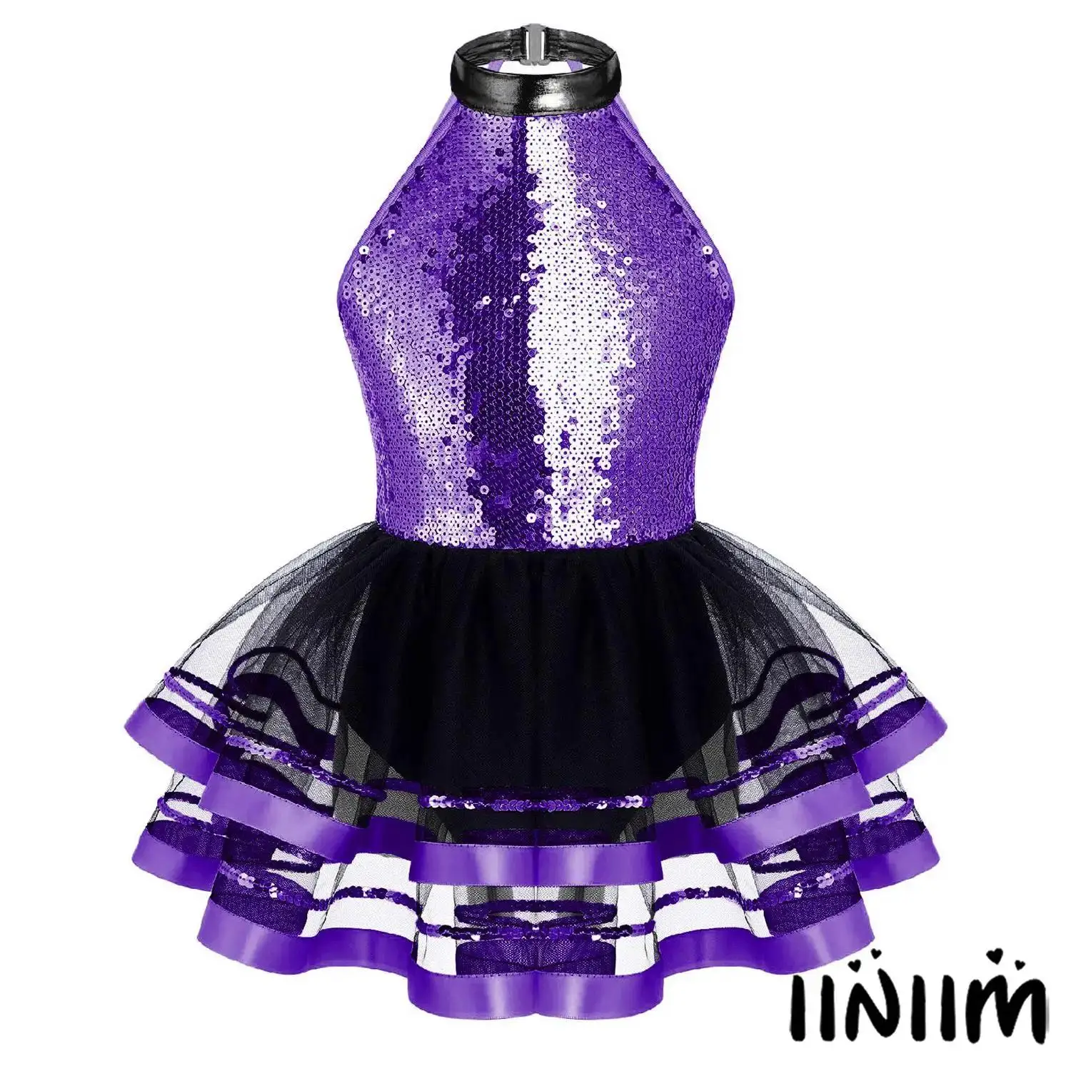 

Sparkling Sequins Ballet Dance Dress Kids Girls Sleeveless Decorated Straps Hollow Back Tutu Mesh Stage Performance Costume