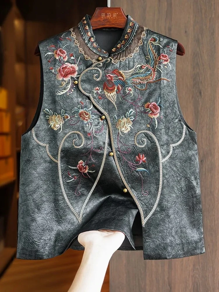 Vintage haftowana kamizelka w kwiaty Lady eleganckie ubrania w stylu chińskim rękaw Tang kostiumy prezent na nowy rok luźna satynowa kurtka Qipao