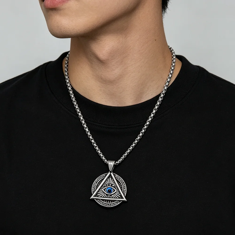 Men's 316L Stainless Steel All‑Seeing‑Eye Pendant Necklace Vintage Illuminati Box‑Chain Punk Biker Hip‑Hop Jewelry Gift for Guys