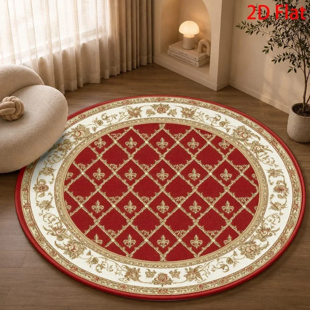 Classic Red White Gold Fleur De Lis Diamond Round Area Rug Non Slip Floor Mat For French Country Living Room Bedroom Decor Gift