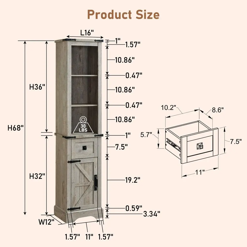 

Шкаф для хранения в ванной комнате, шкаф для хранения в стиле фермерского дома с регулируемыми полками и выдвижным ящиком, высокий шкаф для белья для ванной комнаты, гостиной