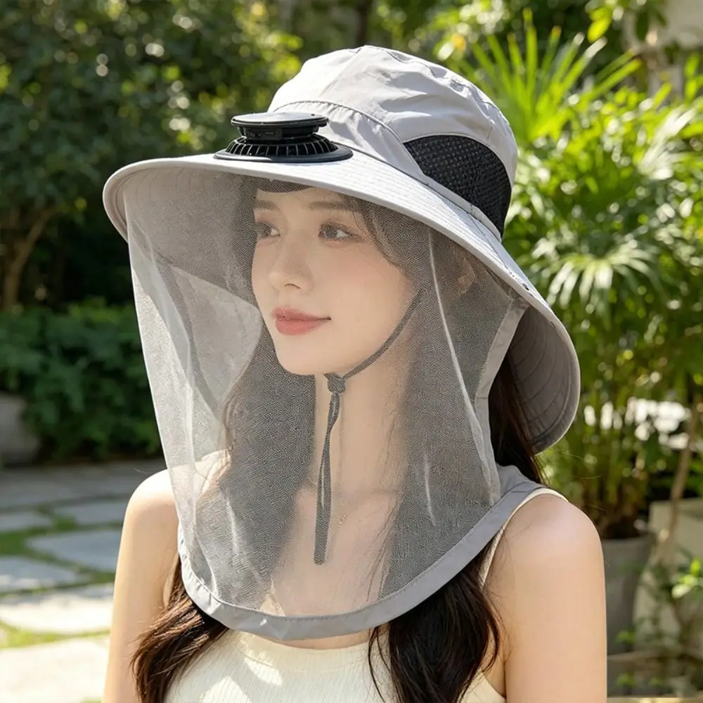 With Net Mesh Mosquito Head Net Hat Foldable Breathable Solar Fan Hat Adjustable High Wind Power Fishing Bucket Hat Fishing