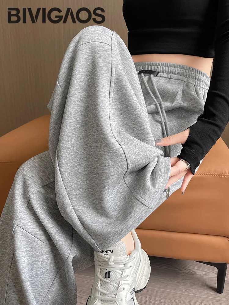 BIVIGAOS خريف جديد أسود التسمية منحني الرباط السراويل الرياضية النساء عالية الخصر فضفاض الموز Sweatpants عادية واسعة الساق بنطلون #3