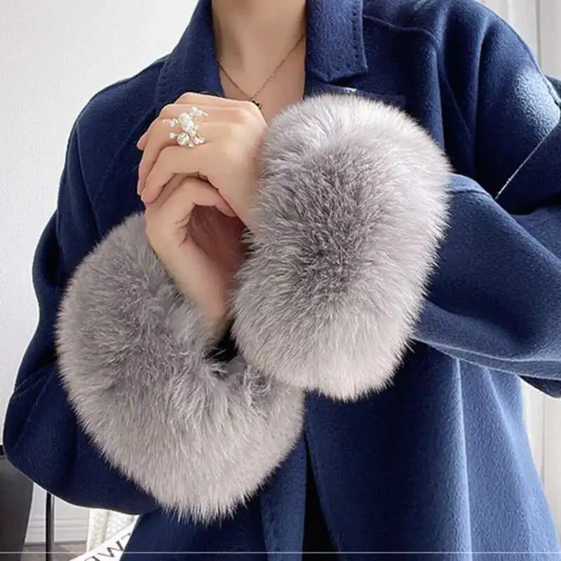 Puños de piel de zorro Natural para mujer, puños de muñeca peludos, abrigo, pulsera, guantes cálidos desmontables, mangas de piel esponjosas sólidas para mujer
