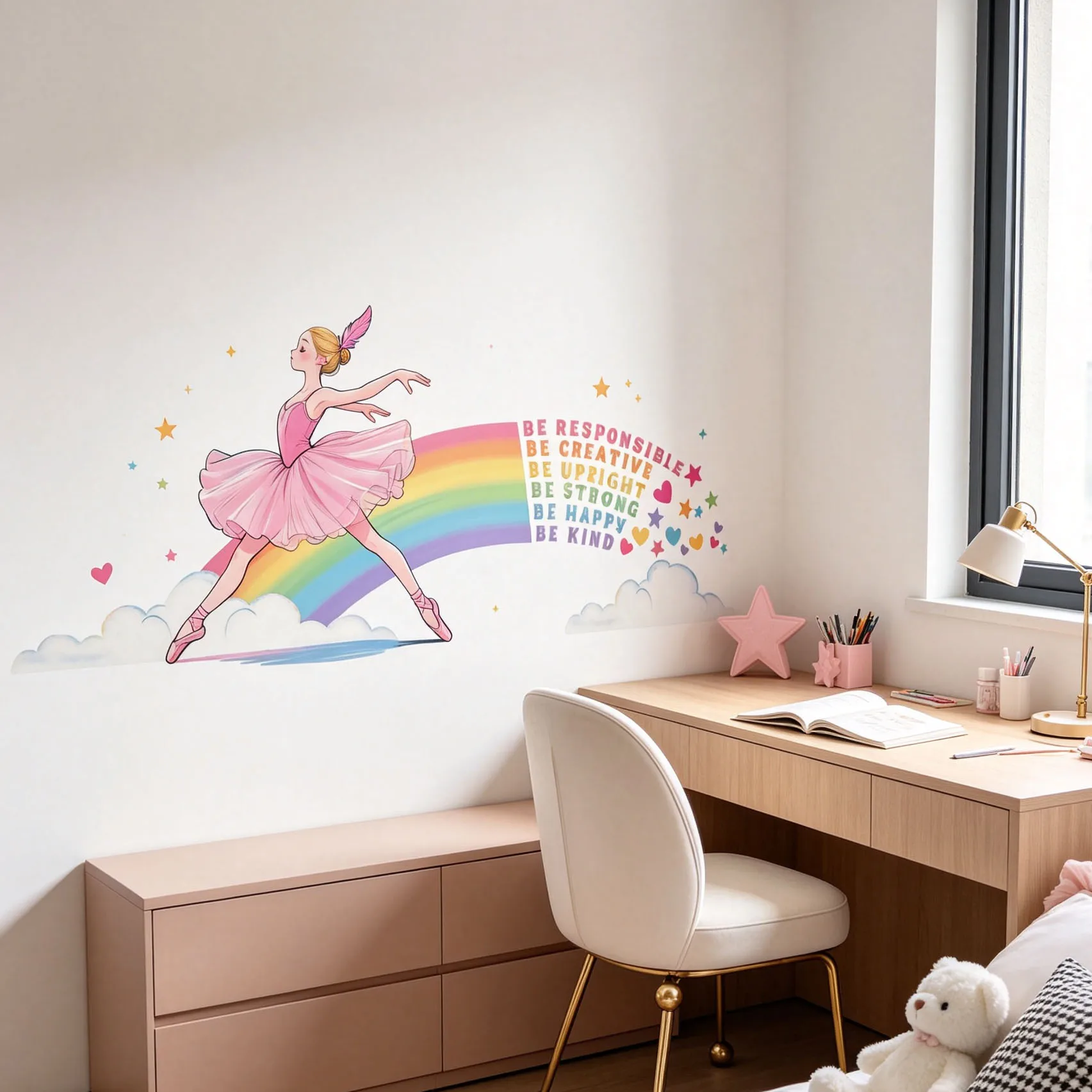 Pink Ballerina Girl Wall Stickers Rainbow Cloud Inspirational Positive Quotes Stars Hearts Wall Decals Removable Girls Bedroom D
