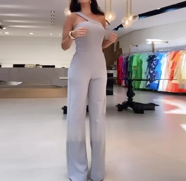 Summer New Jumpsuit with Fashionable Sloping Shoulder Collar and Waist Cinching Solid Color and Wide Leg Jumpsuit for Women