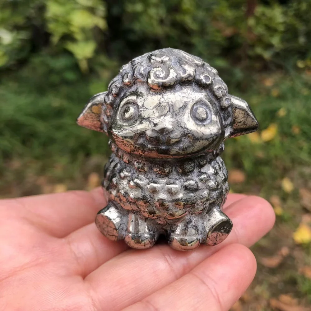 5.2cm Natural Pyrite Crystal Sheep Lamb Carving Cute Animal Figurine Reiki Healing Stone Home Office Decor Gift