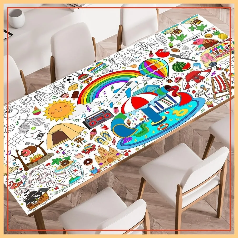

Summer Tablecloth Decorations, Coloring Games Activities Crafts Poster Banner Table Cover Party Favors for Family Classroom