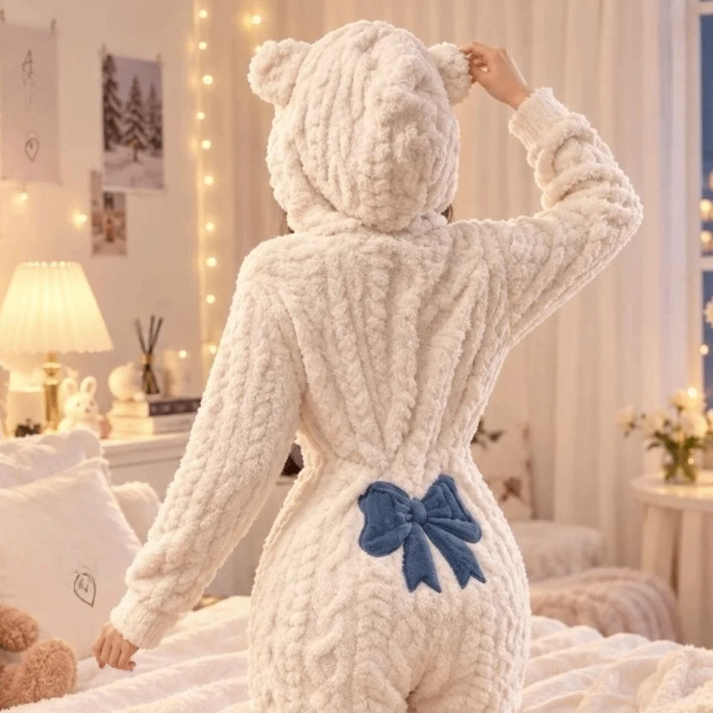 Gemütlicher Kapuzen-Overall, Schlafanzug, langärmelig, mit Schleife, Plüsch-Overall, Pyjama, Bärenohren, warmer, einteiliger Pyjama, Nachtwäsche – Detail 10