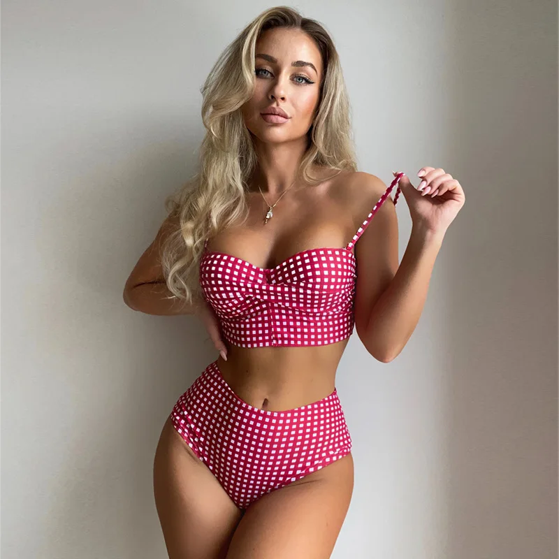 

Women's Sexy Slim Plaid Swimwear Bikinis Two Pieces Sets Vacation Beachwear Swimsuit High Waisted Beach Swimwear Bikini Set 2025