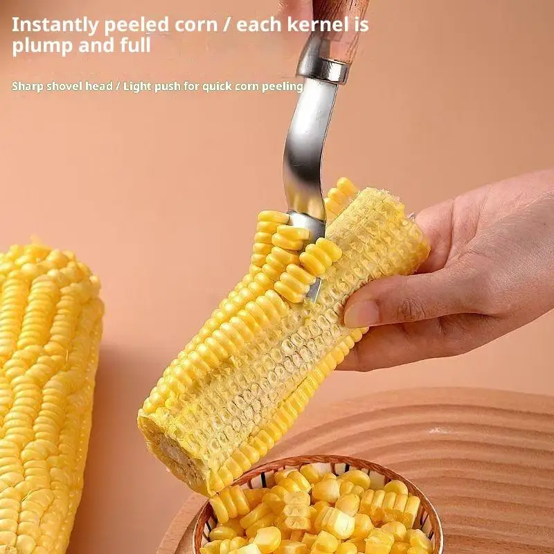 Stainless Steel Corn Peeler Manual Kitchen Tool with Wood Handle Reusable Household Corn Cob Stripper for Cooking