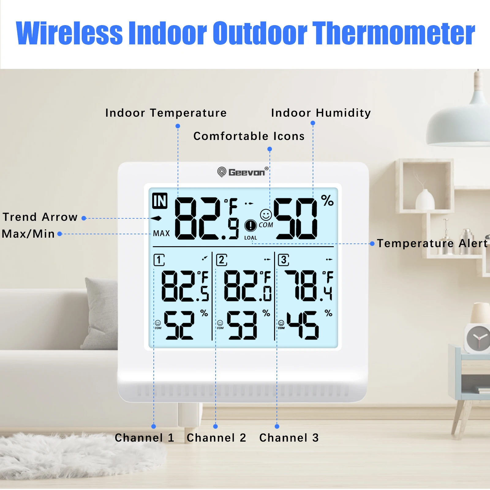 Geevon Indoor Outdoor Thermometer Wireless With 3 Remote Sensors, Digital Temperature Gauge Humidity Monitor With Backlight