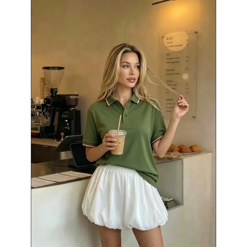 Best Seller Women Loose Fit Solid Polo Shirt Casual Short Sleeve Plain Basic Top Soft Comfort Daily Wear