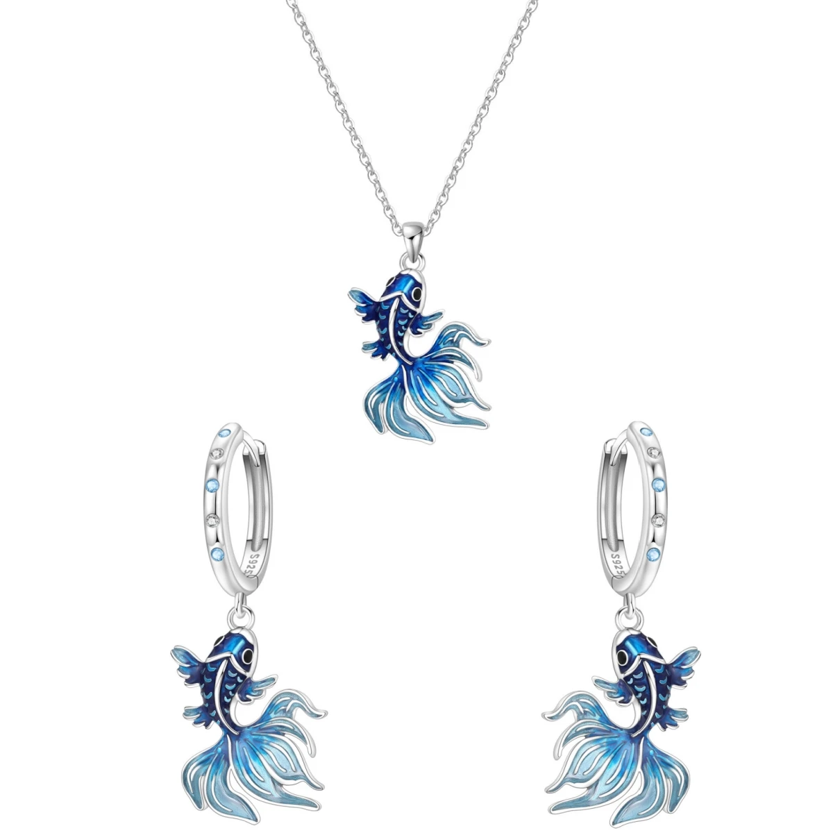 925 Sterling Silber Damen Halskette und Ohrringe Set Blaue Glückskoi-Fisch Ohrringe Set Exquisites Party-Schmuckset Jubiläumsgeschenk