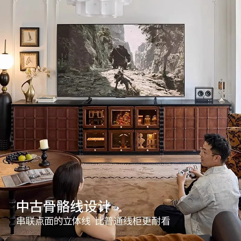 2025 Qiqiao Cabinet French Medieval Solid Wood TV  Household Display abinet Module Combination Retro Style Livin