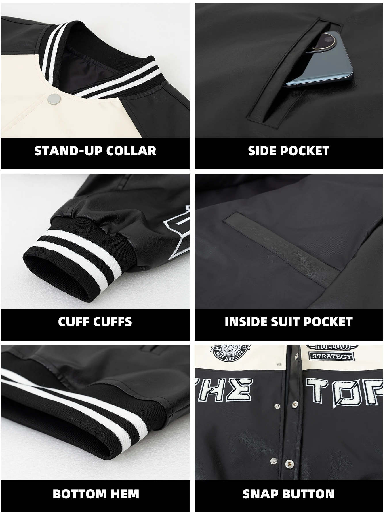 Jaqueta Feminina de Couro Sintético Primavera e Outono Corta-Vento Quente Estilo Beisebol Solta com Contraste de Cores Bordada Motoqueira