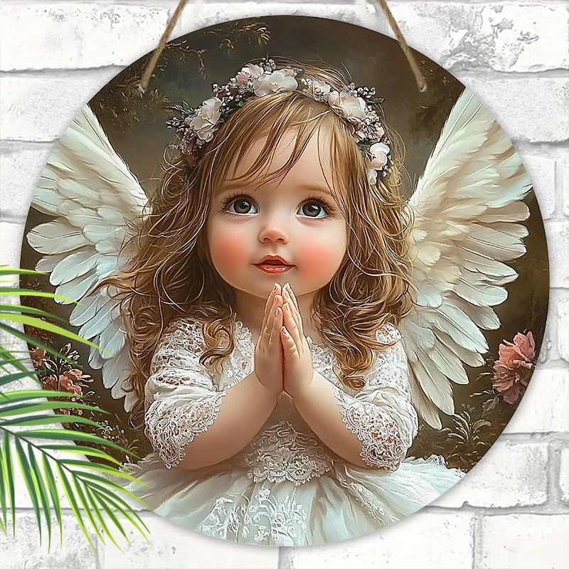 1pc Angelic Wooden Wall Hanging Decor - 2D Flat Relief Cherub Guardian Sign for Front Door, Home Decoration, No Electricity Need