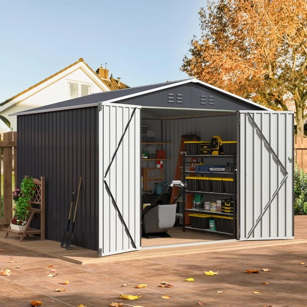 Outdoor Storage Shed, Utility Metal Tool Storage with Lockable Doors and Updated Frame Structure