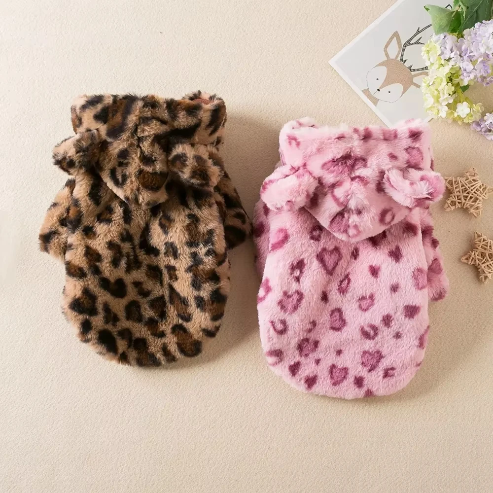 Winter Pet Dog Clothes Warm Fleece Dog Hoodie Leopard Dog Coat Jacket French Bulldog Clothing for Small Dogs Pets Costumes