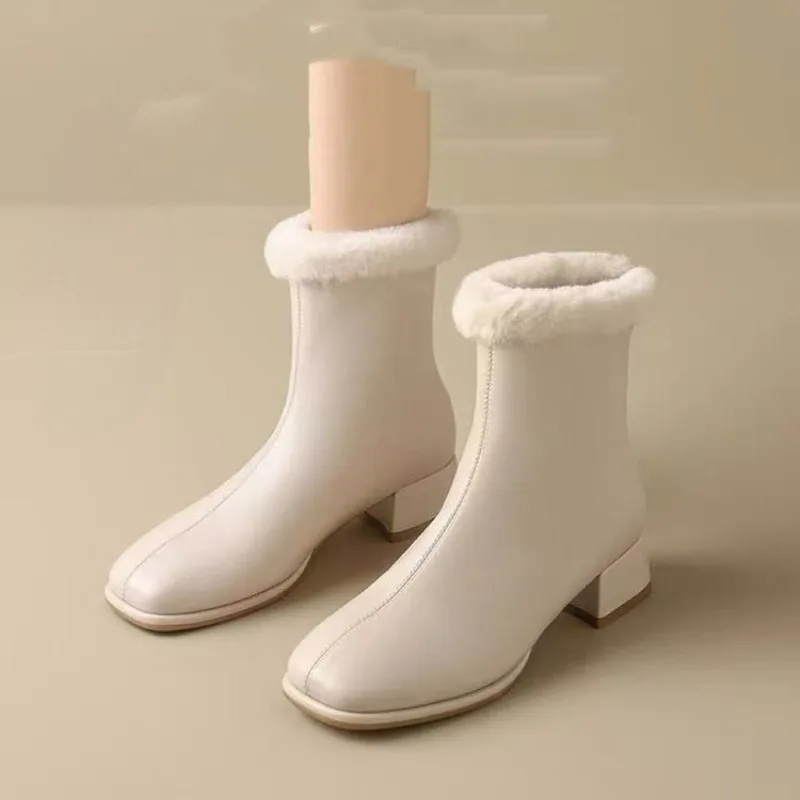 Warm Booties Women 2026 Winter New French Square Toe Waterproof Block Heel Leather Shoes